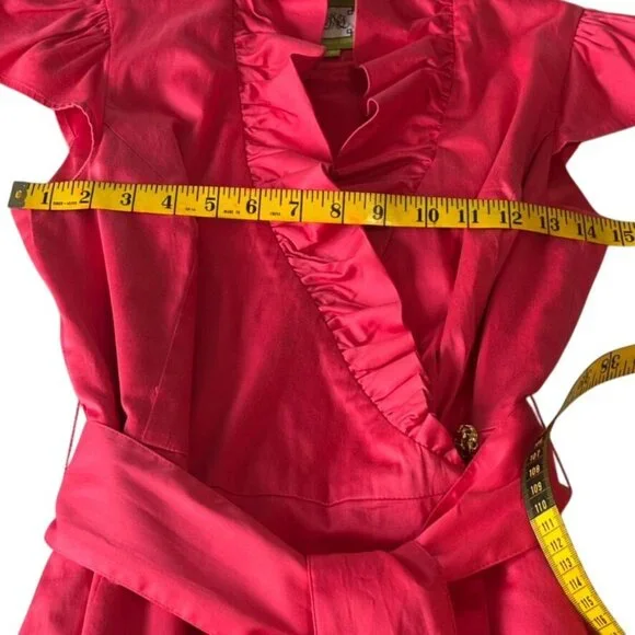 Elizabeth McKay Ruffle Collar Sleeveless Wrap Dress With Gold Button Accent - Picture 12 of 14